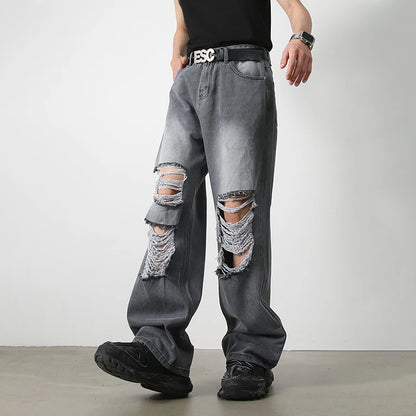 HOUZHOU Harajuku Ripped Jeans Men Wide Leg Pants Oversize Hip Hop Darkwear Denim Trousers Male Casual Japanese Streetwear Hole