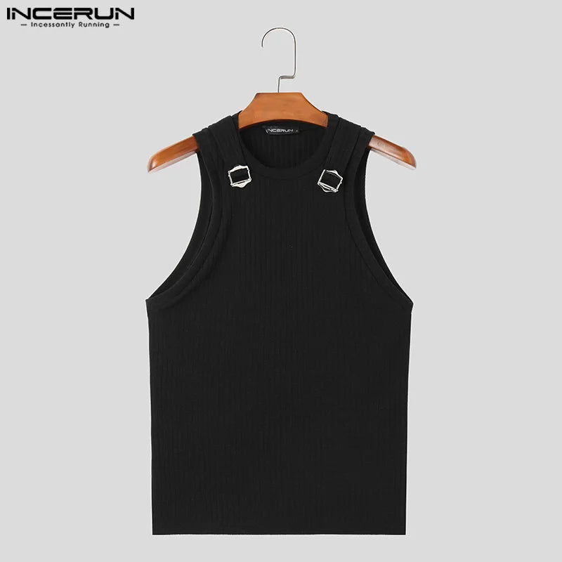 INCERUN Tops 2024 Korean Style Mens Casual Streetwear Solid Striped Metal Buckle Vests Summer Male Sleeveless O-neck Vests S-5XL