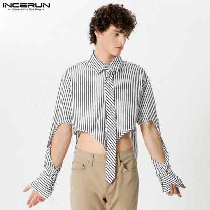 Sexy Casual Style Tops INCERUN Handsome Men Cropped Hollow Design Shirts Fashion Irregular Hem Striped Long Sleeved Blouse S-5XL