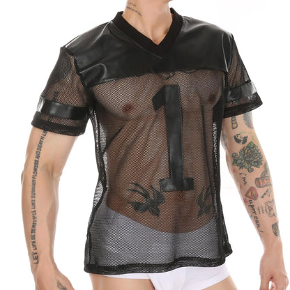 CLEVER-MENMODE T-shirt sexy en résille pour homme en similicuir, maille transparente, clubwear, manches courtes, numéro 107