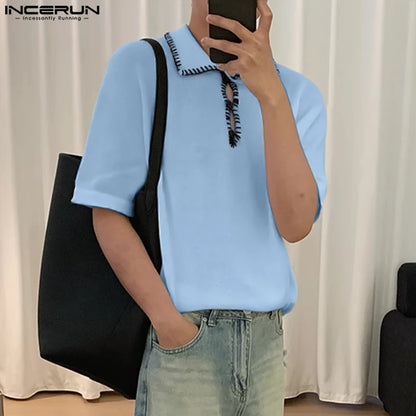 Fashion Well Fitting Tops INCERUN Men Line Design Contrast Color Shirts Summer Casual Male Short Sleeved Lapel Blouse S-5XL 2024