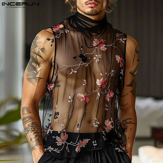 INCERUN Tops 2024 Amerikanischer Stil Neue Herren Mesh Floral Perspektive Design Westen Mode Sexy Halbhoher Hals Dünne Tank Tops S-5XL