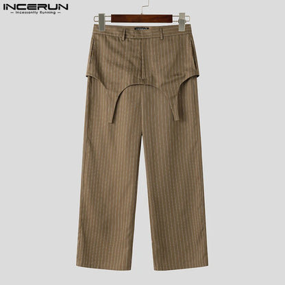 INCERUN 2024 Korean Style Trousers Men's Fashion Fake Two-piece Striped Straight Leg Pant Casual Streetwear Male Pantalons S-5XL