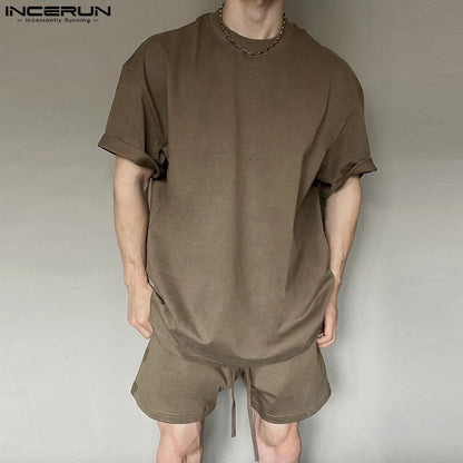 INCERUN 2024 Korean Style Sets Stylish New Men Solid O-neck Short Sleeved Tops Shorts Casual Streetwear Male Suit 2 Pieces S-5XL