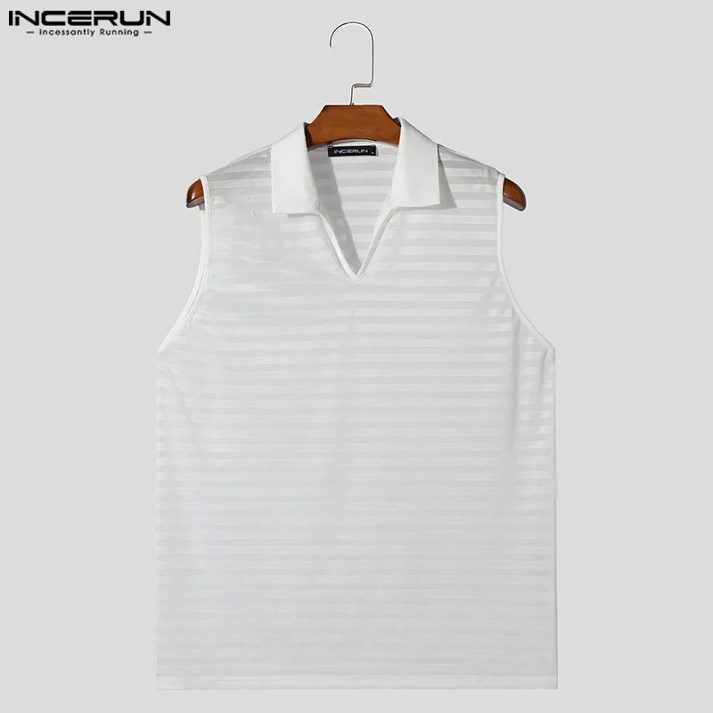 Fashion Well Fitting Tops INCERUN New Mens Striped Slightly Perspective Vests Casual All-match V-neck Sleeveless Tank Tops S-5XL