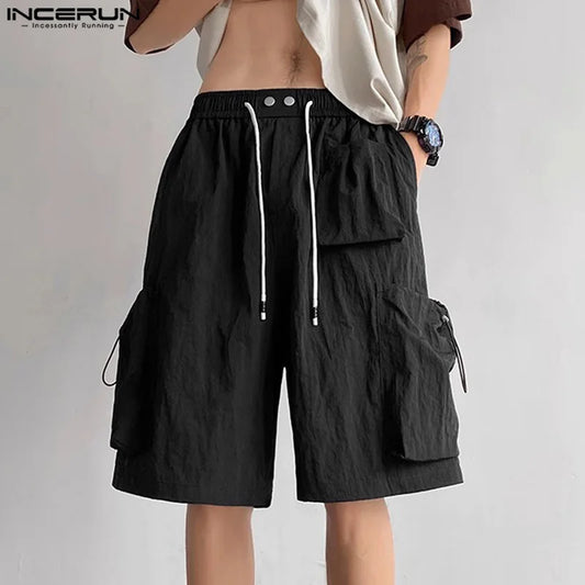 INCERUN 2024 Korean Style Shorts New Men Cargo Pockets Elastic Waist Drawstring Shorts Summer Stylish Solid Cropped Shorts S-5XL