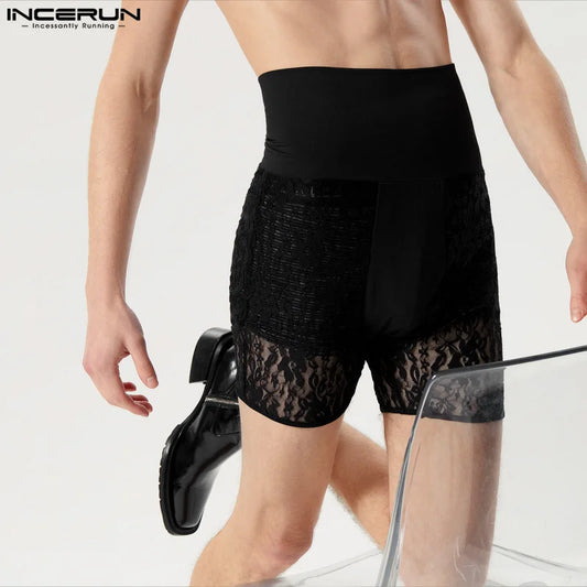 INCERUN 2024 Sexy Mens Homewear Lace Perspective Sleepwear Casual Fashionable Male Thin Comfortable Spliced Elastic Shorts S-5XL