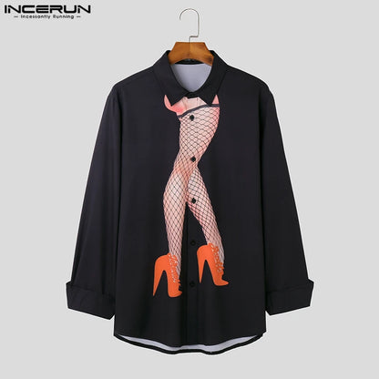 INCERUN Tops 2023 Style américain Beau Hommes Abstrait Imprimé Chemises Décontracté À La Mode Homme À Manches Longues Revers Chemisier S-5XL