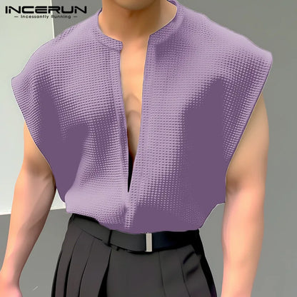 INCERUN Tops 2024 Style coréen Beau Hommes Solide Texturé Gilets Décontractés Streetwear Lâche Confortable Sans Manches Débardeurs S-5XL