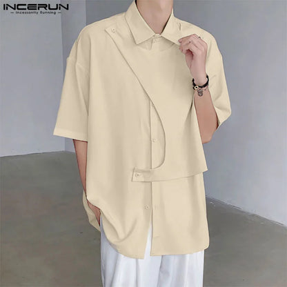 Handsome Well Fitting Tops INCERUN 2024 New Mens Deconstruction Design Drape Shirt Stylish Male Solid Short Sleeved Blouse S-5XL