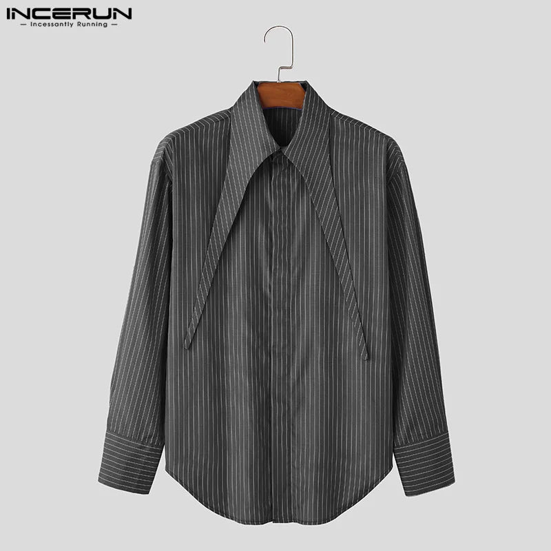 INCERUN Tops 2024 American Style Handsome Mens Long Neck Striped Design Shirts Fashion Streetwear Male Long Sleeved Blouse S-5XL