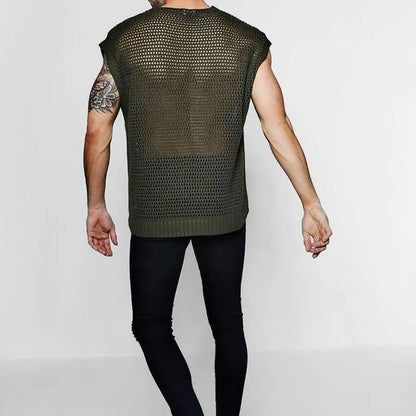 HOUZHOU Green Knit Mesh Vest Men Transparent Sexy Men's Tank Tops Red See Through Men's Clothing Sleeveless Tee Streetwear