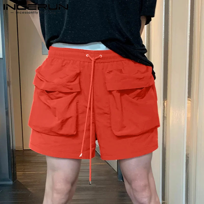 INCERUN 2024 Korean Style Shorts New Mens Large Pocket Drawstring Design Shorts Casual Streetwear Solid Personality Shorts S-5XL