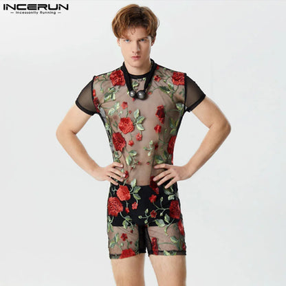 2024 Men's Bodysuits Mesh Transparent Flower Embroidery O-neck Short Sleeve Rompers Sexy Fashion Unisex Playsuits S-5XL INCERUN