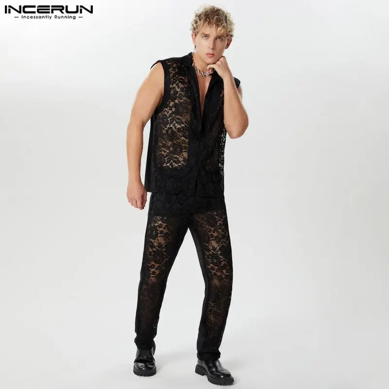 INCERUN 2024 American Style Sets Mens Sexy Casual Lace Hollow Perspective Sleeveless Shirts Pants Streetwear Suit 2 Pieces S-5XL