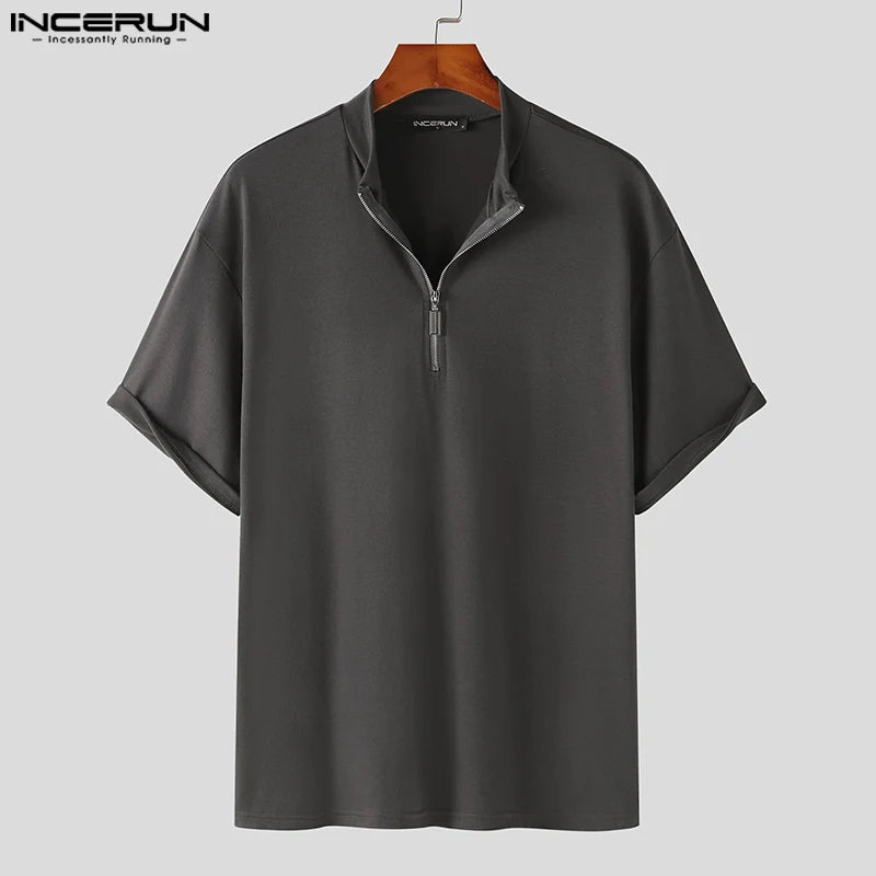 INCERUN Tops 2024 Korean Style Fashion New Men Zipper Design T-shirts Casual Solid Simple High Neck Short Sleeved Camiseta S-5XL