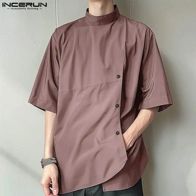 Summer Handsome Men's Tops INCERUN Fashion Slanted Placket Design Shirts Male Casual Loose Solid Half Sleeved Blouse S-5XL 2024