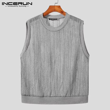 Fashion Men Tank Tops Mesh Hollow Out Transparent Streetwear Solid Color Vests 2023 O-neck Sleeveless Men Clothing S-5XL INCERUN