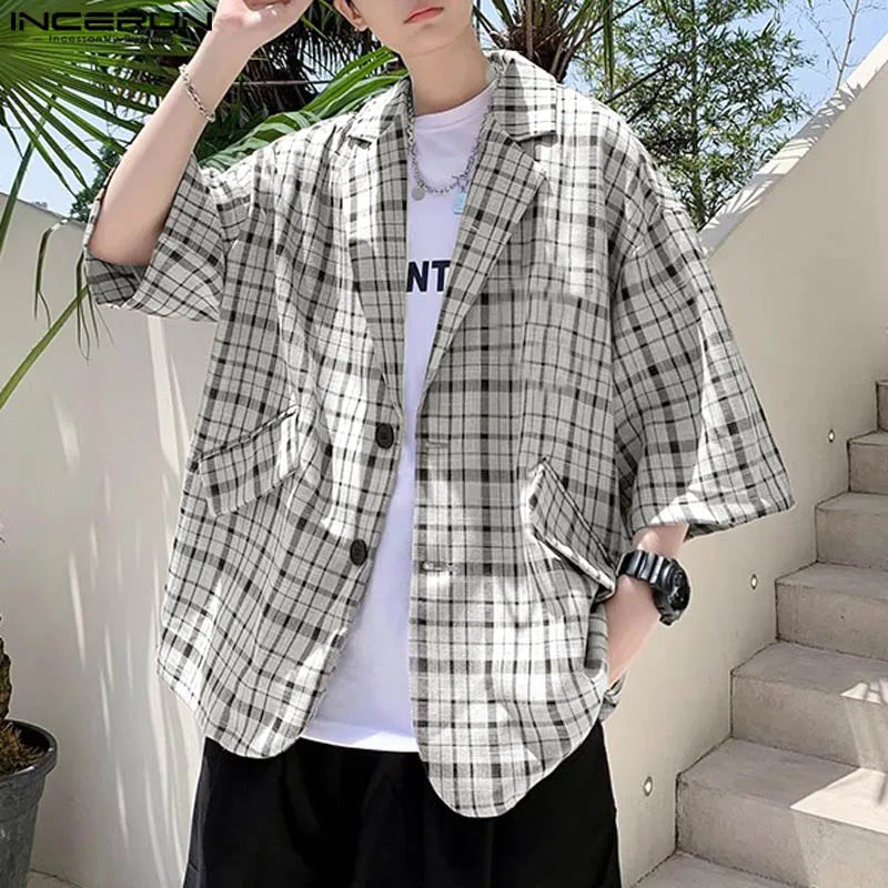 Handsome New Men's Tops INCERUN 2024 Fashionable Plaid Design Loose Suit Coats Male Casual Streetwear Half Sleeve Blazer S-5XL