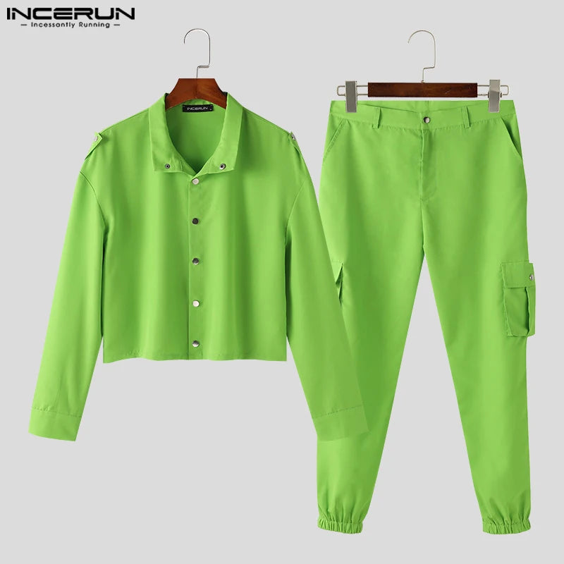 INCERUN 2024 American Style Fashion Mens Sets Solid All-match Long Sleeved Shirts Pencil Pants Casual Street Suit 2 Pieces S-5XL