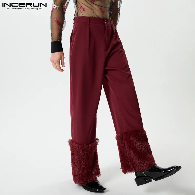 INCERUN 2024 American Style Mens Pantalons Personality Solid Patchwork Plush Long Pants Leisure Male Straight Leg Trousers S-5XL