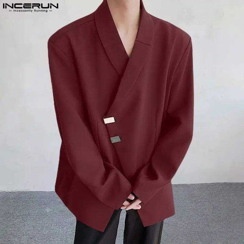 INCERUN Tops 2024 Sexy Men Slanted Neck Metal Buckle Shoulder Pad Blazer Casual Well Fitting Solid Long Sleeved Suit Coats S-5XL