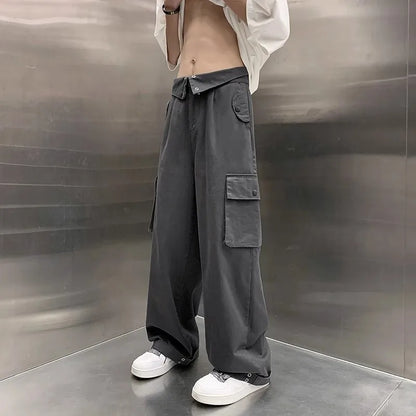 HOUZHOU Wide Leg Cargo Pants Men Gray Casual Cargo Trousers Male Loose Streetwear Hip Hop Pocket Safari Style Men Clothing