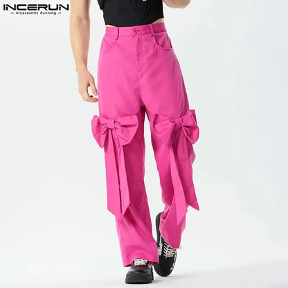 INCERUN 2023 American Style New Men's Pantalons Bow Tie Design Long Pants Casual Streetwear Male Solid All-match Trousers S-5XL