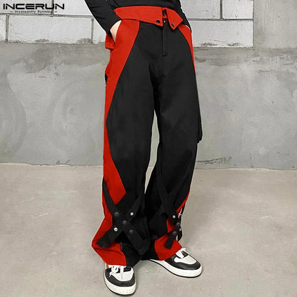 INCERUN 2024 Korean Style New Men Trousers Patchwork Cross Design Long Pants Casual Streetwear Contrasting Color Pantalons S-5XL