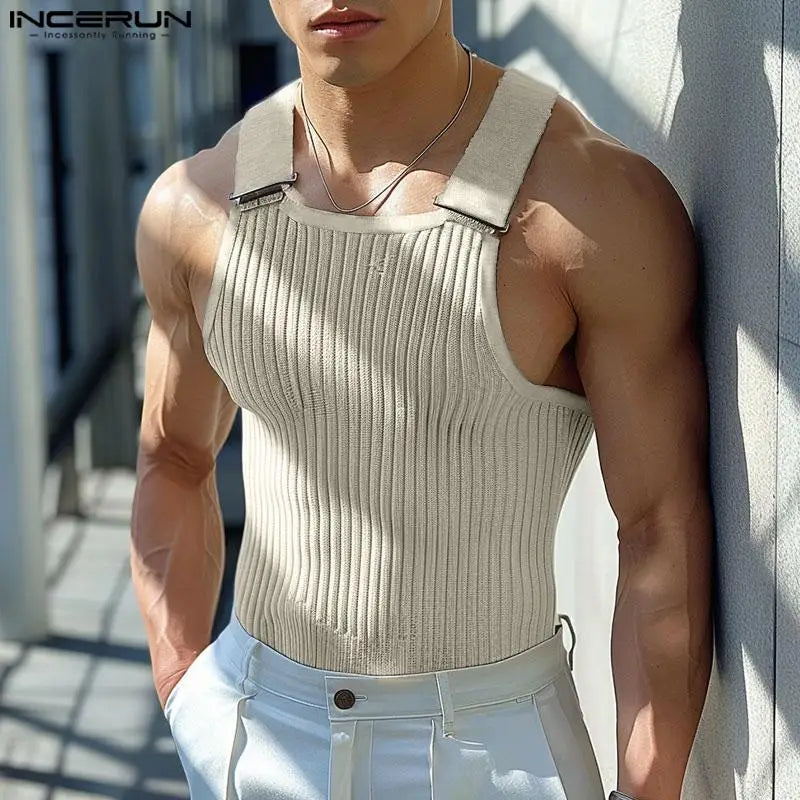 INCERUN Tops 2024 Koreanische Stil Männer Gestrickte Pit Strap Westen Sommer Casual Streetwear Männlichen Solide Einfache Ärmellose Tank Tops S-5XL