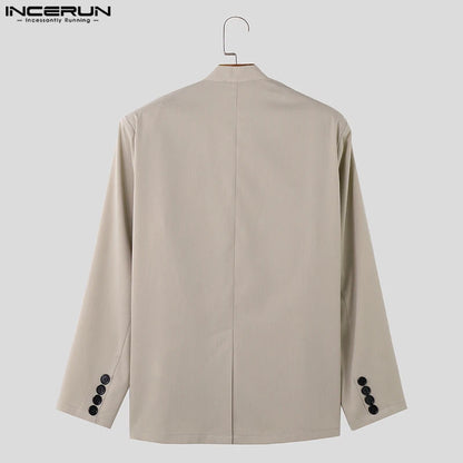 INCERUN Tops 2023 Korean Style New Men's Loose Simple Strapping Double Breasted Suit Coats Collarless Long Sleeved Blazer S-5XL