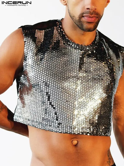 INCERUN Fashion Men Tank Tops Patchwork Shiny O-neck Sleeveless Crop Tops See Through Back Streetwear Party Nightclub Vests Men