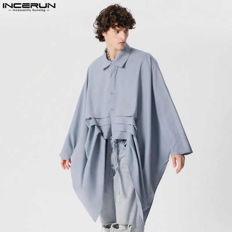 Handsome Well Fitting Tops INCERUN Men's Solid Silhouette Bat Sleeve Pleated Shirts Male Solid Loose Long Sleeved Blouse S-5XL