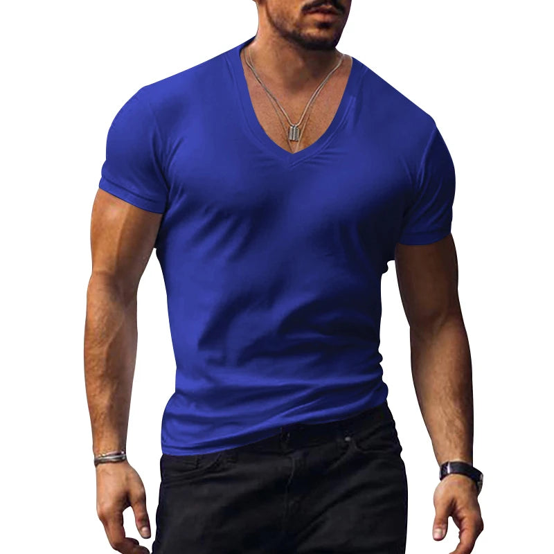 2023 men's T-shirt cross-border clothing European and American foreign trade men's V-neck solid color casual short sleeved T-shi