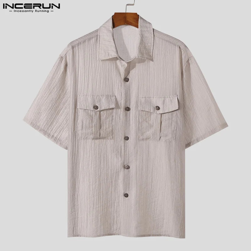 Stylish Hot Selling Tops INCERUN Mens Fabric Drape Design Shirts Summer Leisure Streetwear Male Loose Short Sleeved Blouse S-5XL