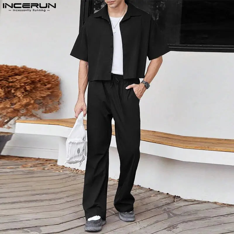 2024 Hommes Ensembles Couleur Unie Streetwear Revers Manches Courtes Chemise &amp; Pantalon Deux Pièces Ensembles Mode Hommes Costumes Décontractés S-5XL INCERUN