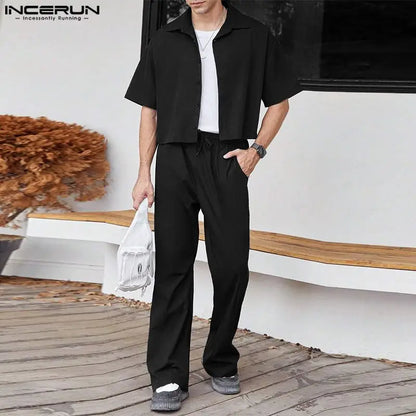 2024 Men Sets Solid Color Streetwear Lapel Short Sleeve Shirt & Pants Two Pieces Sets Fashion Men's Casual Suits S-5XL INCERUN