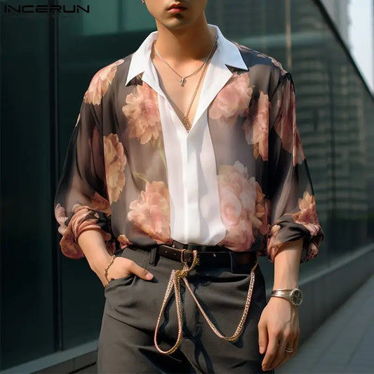 INCERUN Tops 2024 Handsome Men's Patchwork See-through Rose Shirts Spring Summer Personality Male Thin Long Sleeved Blouse S-5XL