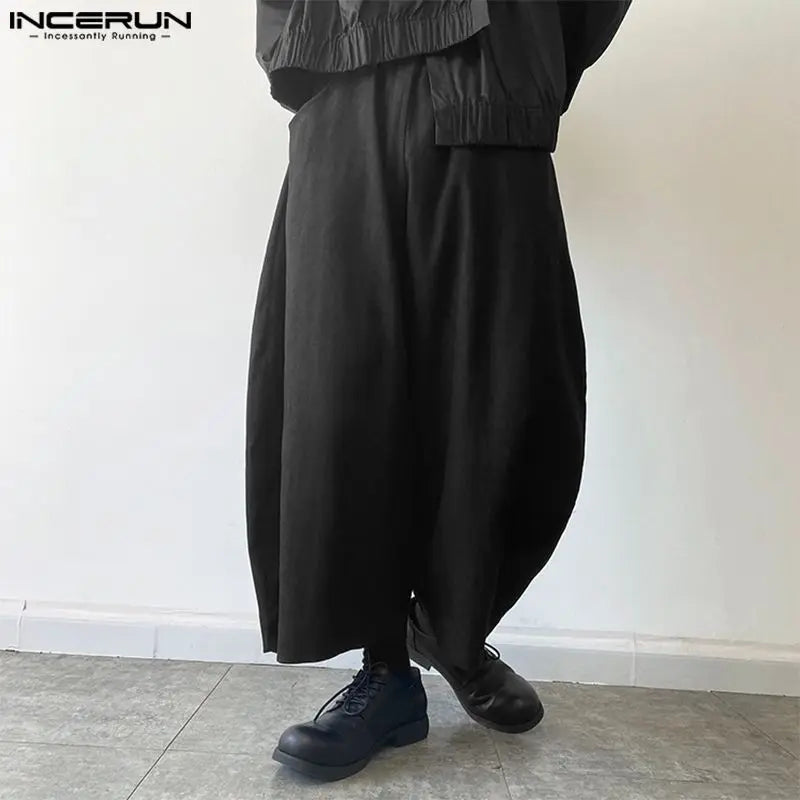 INCERUN 2024 Koreanische Stil Hosen Neue Männer der Freizeit Lose Feste Breite Bein Hose Mode Männlichen Solide Einfache Cropped Pantalons S-5XL