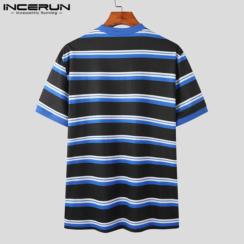 INCERUN Tops 2023 American Style Men's Patchwork Striped Button T-shirts Casual Streetwear Hollowed Short Sleeved Camiseta S-5XL