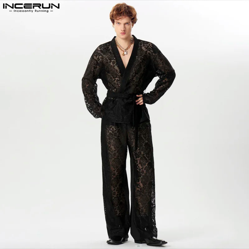 INCERUN 2024 Ensembles sexy pour hommes de style américain Cardigan à manches longues Pantalon long Costume élégant pour homme à bretelles en dentelle 2 pièces S-5XL