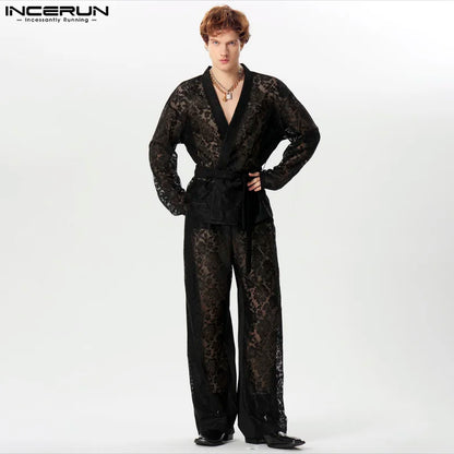 INCERUN 2024 American Style Men's Sexy Sets Long Sleeved Cardigan Long Pants Stylish Male Lace Strap Design Suit 2 Pieces S-5XL