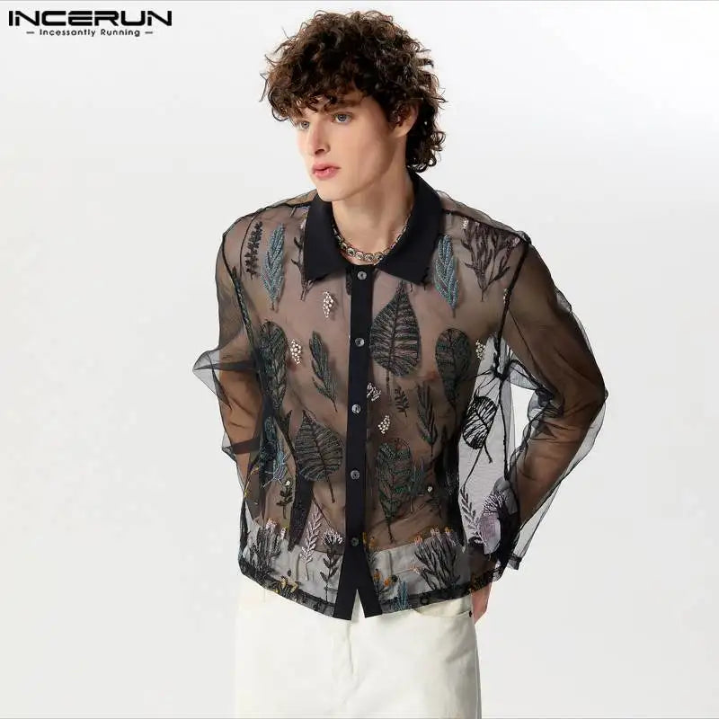 INCERUN Tops 2024 American Style Sexy New Men's Jacquard Perspective Design Shirts Casual Fashion Thin Long Sleeved Blouse S-5XL