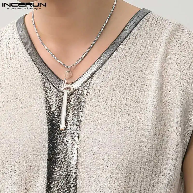 INCERUN Tops 2024 Koreanische Stil Neue Mens Fashion V-ausschnitt Patchwork Design Westen Casual Streetwear Flash Ärmellose Tank Tops S-3XL