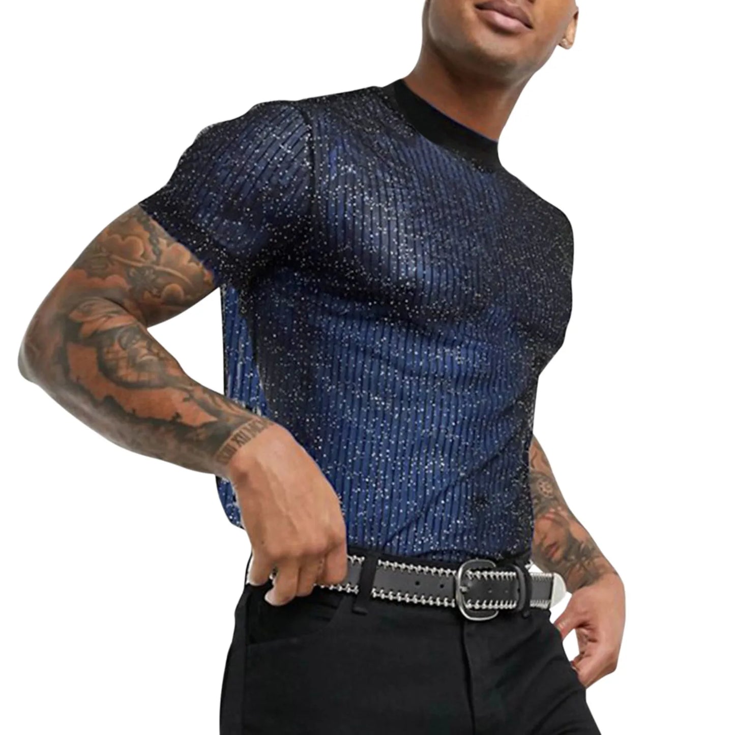 T-shirt à paillettes sexy pour hommes, col rond, manches courtes, paillettes, maille transparente, été, club, fête, t-shirts Camiseta