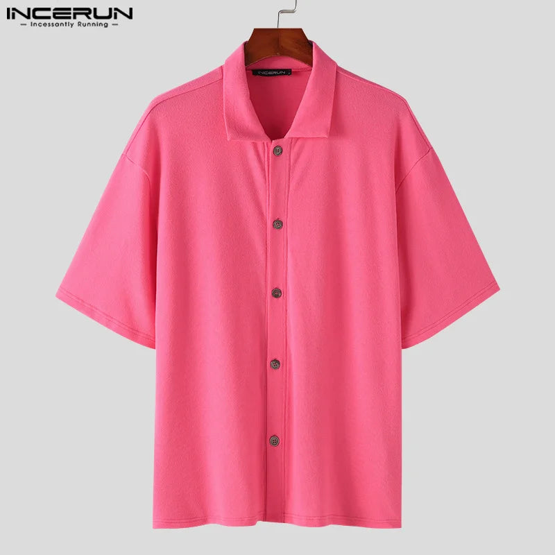 INCERUN Tops 2024 Korean Style Handsome New Men's Solid Knitted Shirts Casual Well Fitting Male Lapel Short Sleeved Blouse S-5XL