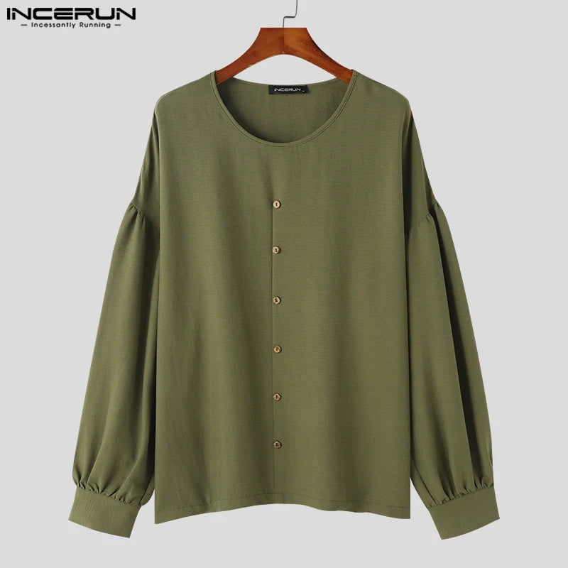 INCERUN Tops 2024 Korean Style Fashion Men's Solid Simple Shirt Casual Streetwear Male Hot Sale O-neck Long Sleeved Blouse S-5XL