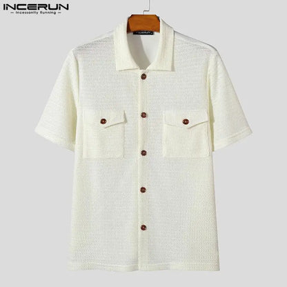 Stylish Streetwear Style Tops INCERUN Men's Mesh Hollow Double Pocket Design Shirts Casual Solid Short Sleeved Blouse S-5XL 2024