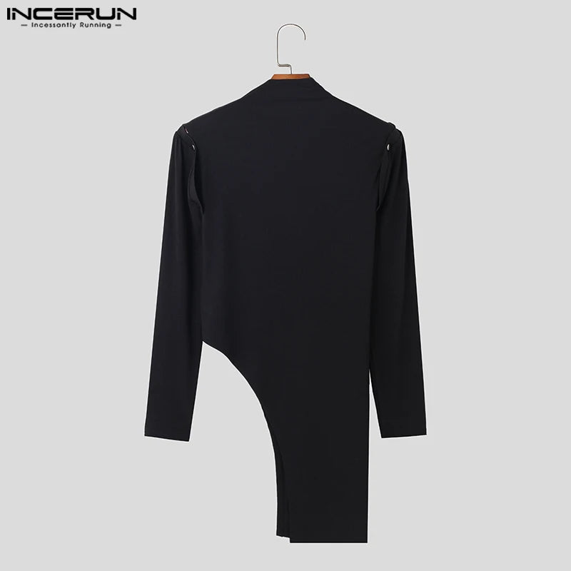 INCERUN Men Irregular T Shirts Patchwork Long Sleeve Off Shoulder Patchwork Turtleneck Men Clothing Streetwear 2023 Camisetas