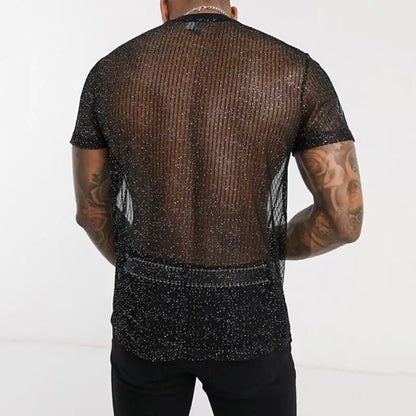 Sexy Männer Durchsichtig Kurzarm Top Pailletten Transparent Mesh Shirts Gay Exotic Tops 2024 Nacht Party Y2k Chemise Bühnenkostüm